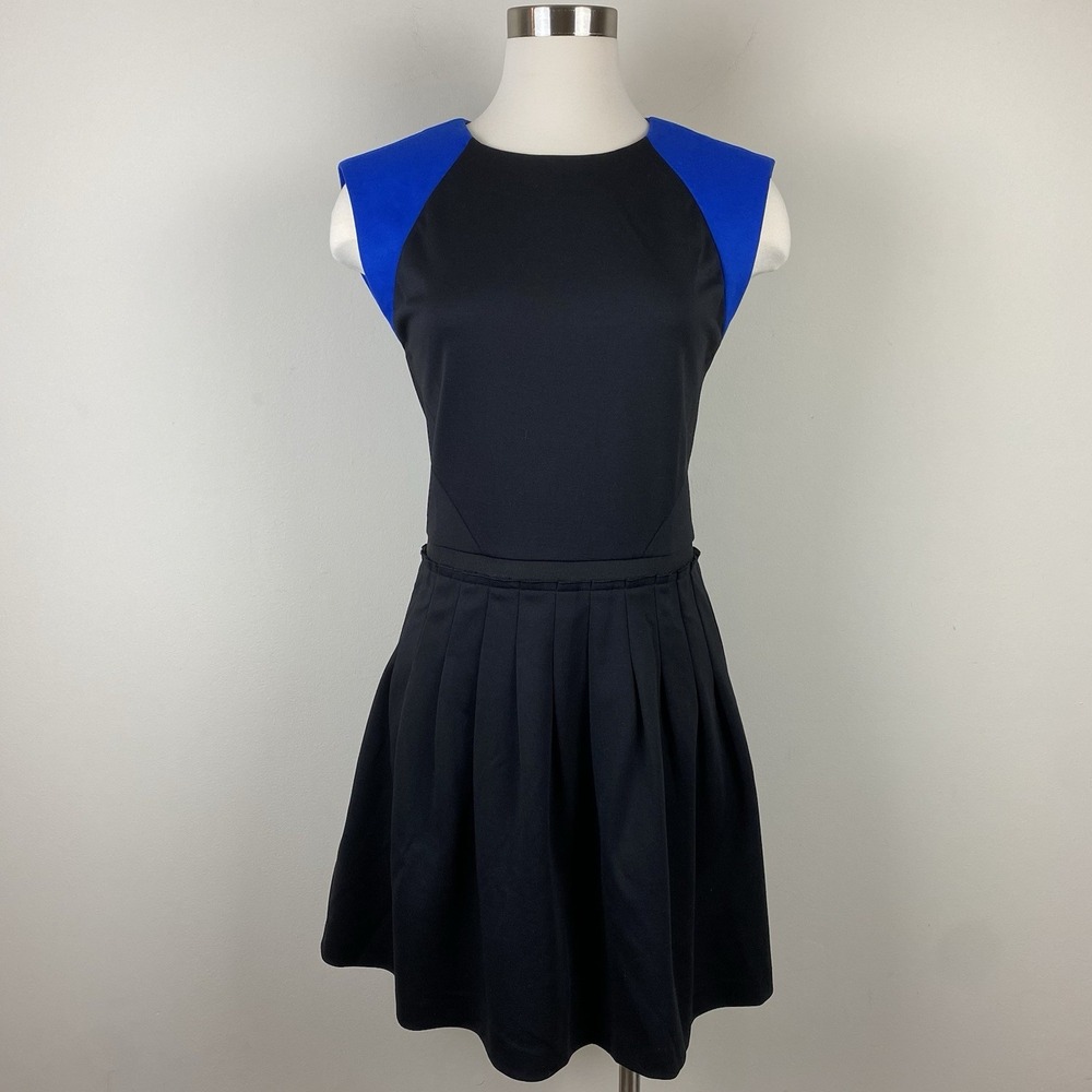 Rebecca Taylor Black Blue Mini Dress Pleated Skirt, Sleeveless, Mod, Size 8